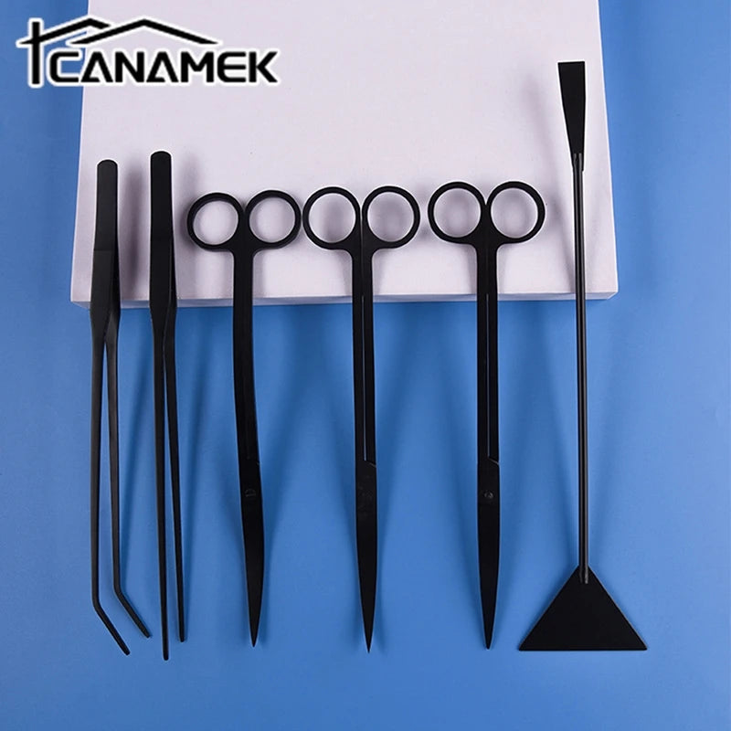 Four-piece black stainless steel aquascaping tool kit