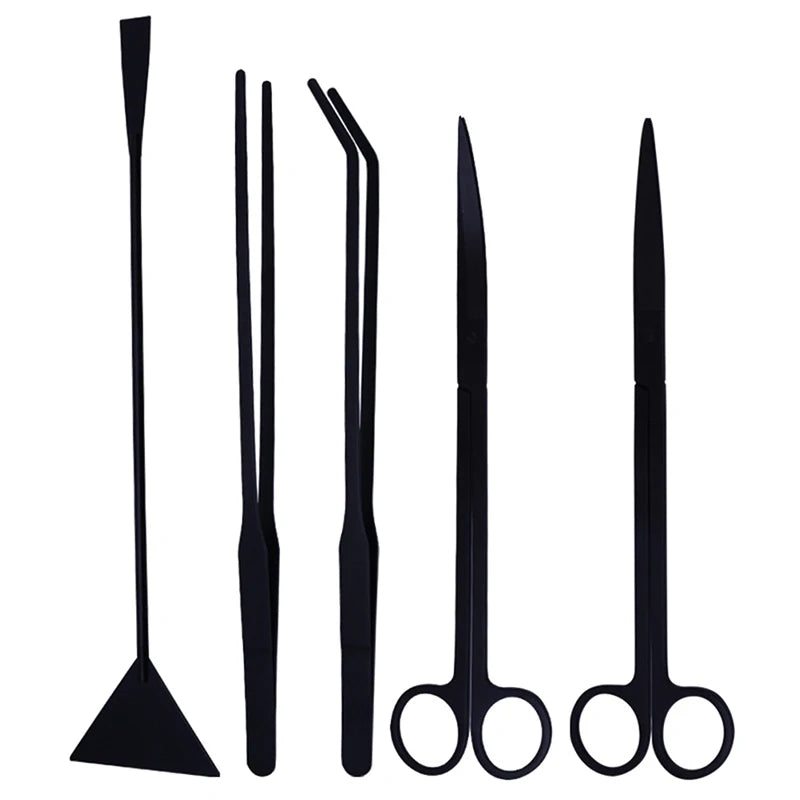 Additional view of the four-piece black stainless steel aquascaping tool kit